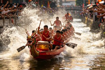 Dragon boat race with paddlers and cheering spectators in China.