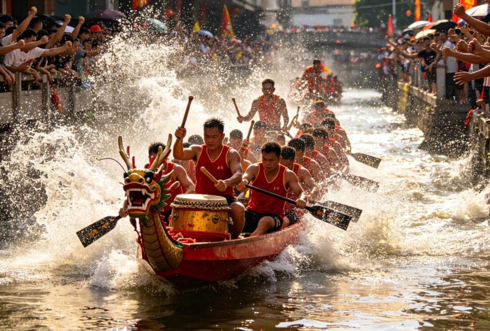 Dragon boat race with paddlers and cheering spectators in China.