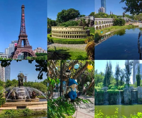 A collage of urban park attractions: Eiffel Tower replica, ancient amphitheater, aqueduct, fountain, garden statue area, and playground with a Smurf doll among trees.