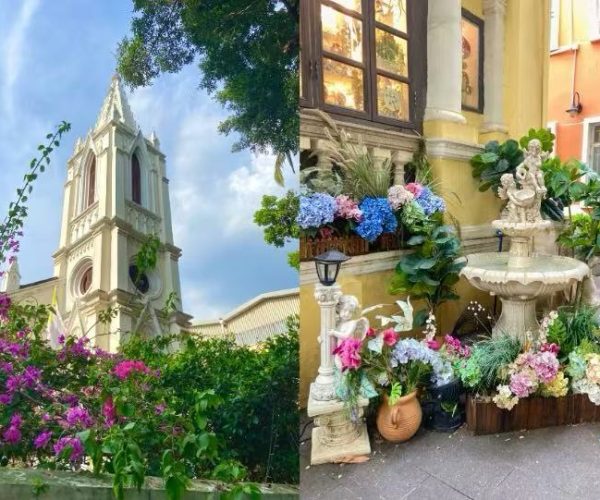 Shamian Island’s Colonial District,Guangzhou,Chinatour Split image: left shows a white church steeple against a blue sky with flowering bushes; right shows a decorative fountain in a colorful, flower-filled courtyard.