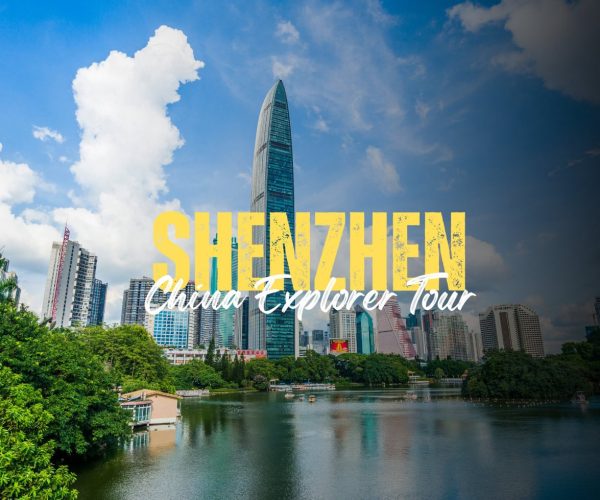 Shenzhen, Chinatravel, Shenzhen skyline with tall modern buildings and a lake in the foreground, overlaid with bold yellow 'SHENZHEN' and white 'China Explorer Tour' text.