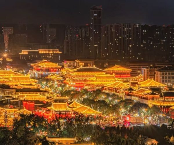Night panorama of a dense complex of illuminated traditional Chinese temples with golden roofs, set against a modern city skyline.