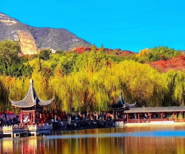 Lakeside scene with a traditional Chinese pavilion, yellow willows, and shoppers near a red railing against a mountainside.