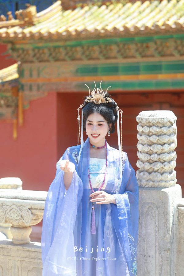 Hanfu photoshoot, Beijing, Imperial Ancestral Temple (Tai Miao), female, chinatravel, Woman in blue traditional Hanfu with ornate gold headpiece in a Beijing temple setting, standing near a stone railing.
