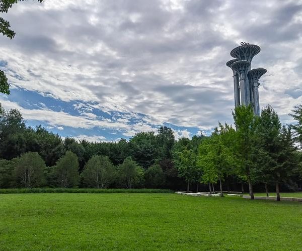 Olympic Forest Park, beijing, chinatravel, Open grassy park with a line of trees and modern tall towers visible on the right, under a partly cloudy sky.