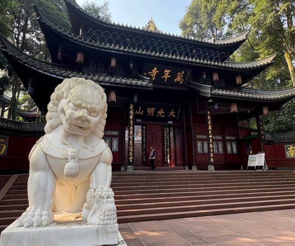 Wannian Temple,Leshan,Chinatravel Stone guardian lion statue at the entrance of a traditional Chinese temple, with curved tiled roofs and red doors, set among trees on a sunny day.