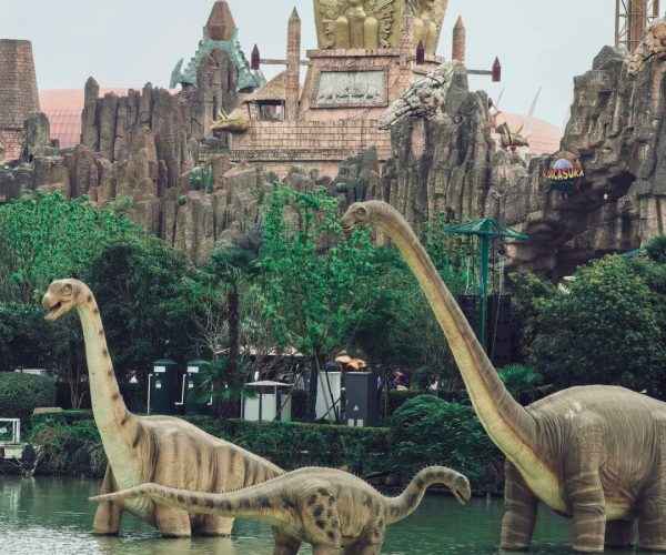 China Dinosaur Park,Changzhou,China tour Life-size dinosaur statues stand in a shallow theme-park pond with rocky artificial cliffs and a sun sculpture in the background.