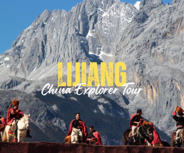 Lijiang,Yunan,Chinatravel Tour group riding horses along a rocky mountain backdrop with a bold 'LIJIANG' title and 'China Explorer Tour' overlay text