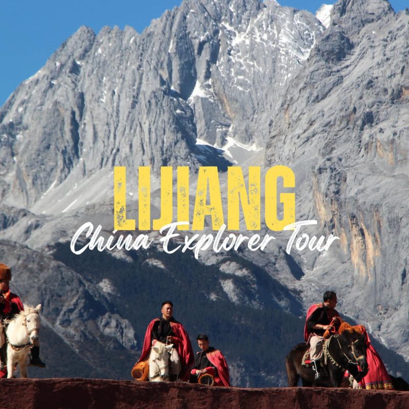 Lijiang,Yunan,Chinatravel Tour group riding horses along a rocky mountain backdrop with a bold 'LIJIANG' title and 'China Explorer Tour' overlay text