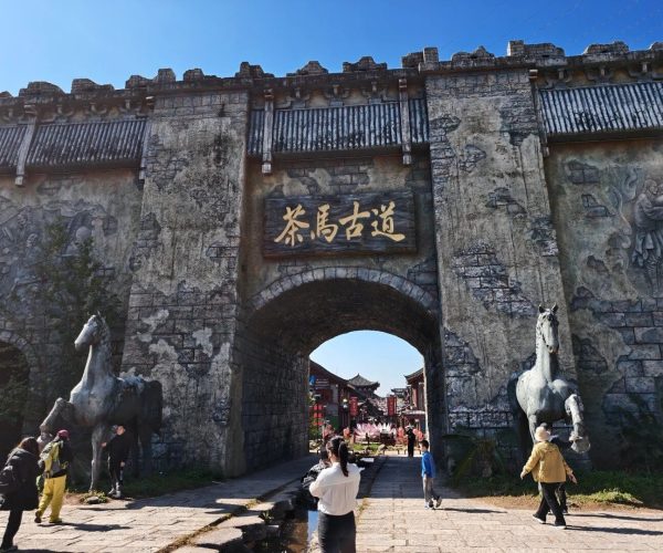 Puge Ancient Tea Horse Road Town,Shangri-La,Chinatravel Ancient stone city gate with an arched entrance, a wooden sign with golden Chinese characters, and two horse statues flanking the doorway as visitors walk through.