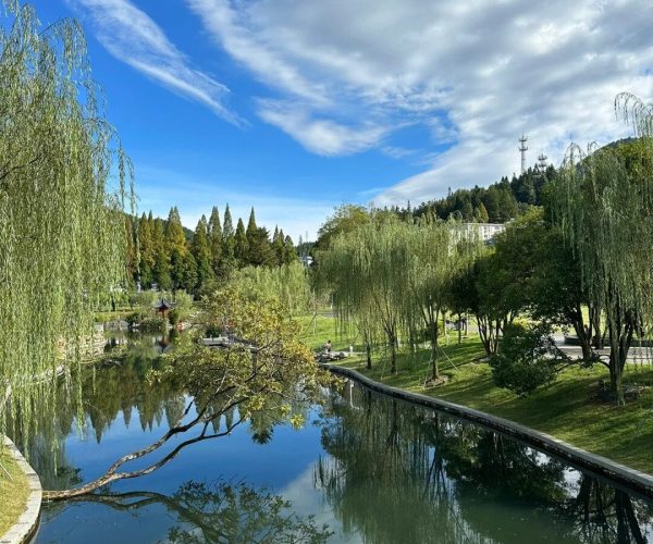 Jinggangshan National Park,Ji'an,China tour Scenic park with a calm canal reflecting the blue sky and fluffy clouds, lined by weeping willow trees and a grassy path.