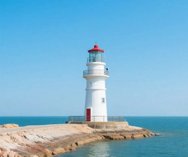 Yangma Island Lighthouse,Yantai,China tour White lighthouse with red top on a rocky jetty extending into calm blue sea under a clear sky