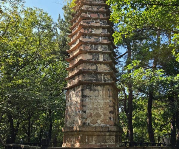 Qianshan Buddhist Temples,Anshan,China tour Tall stone pagoda-like tower rising from a forest clearing, surrounded by a wooden railing and green trees.