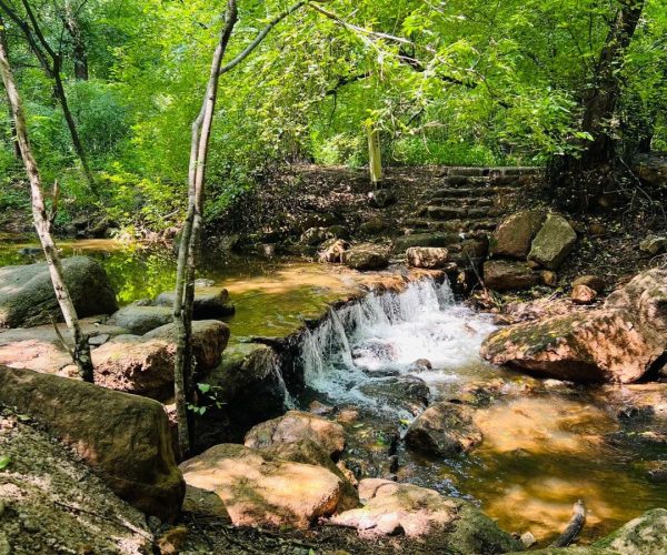 Qianshan National Park,Anshan,China tour Small woodland stream with a gentle cascade over rocks, surrounded by green trees and mossy stones.