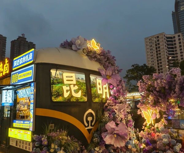 Nanping Commercial Street,Kunming,Chinatravel A flower-covered tram decorated with purple and white blossoms and glowing signs at dusk in a city street.