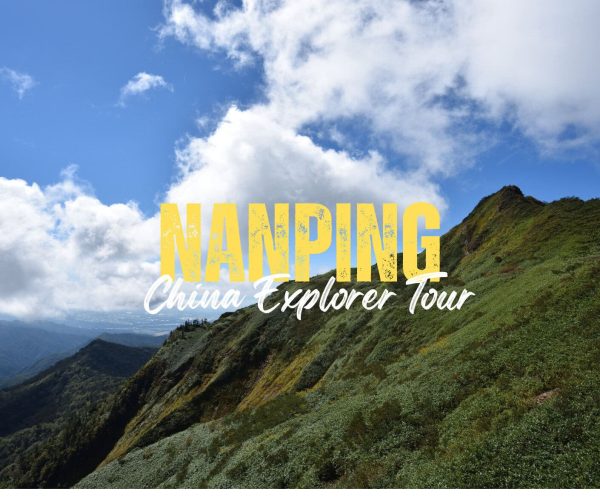 Nanping,Fujian,Chinatravel Promotional banner over a green mountain landscape with bold yellow 'NAPPING' and white 'China Explorer Tour' text.