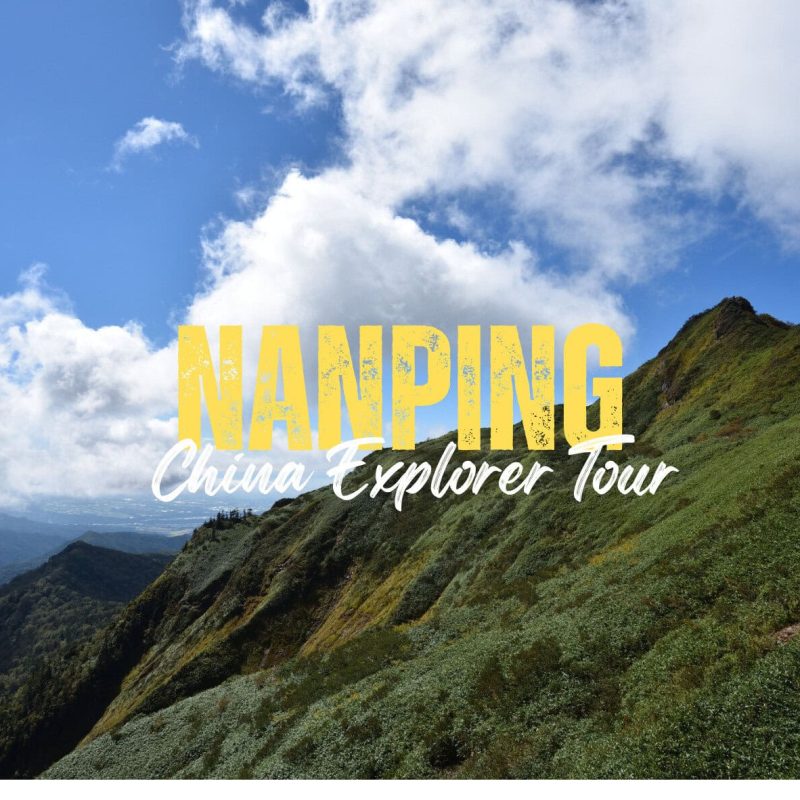 Nanping,Fujian,Chinatravel Promotional banner over a green mountain landscape with bold yellow 'NAPPING' and white 'China Explorer Tour' text.