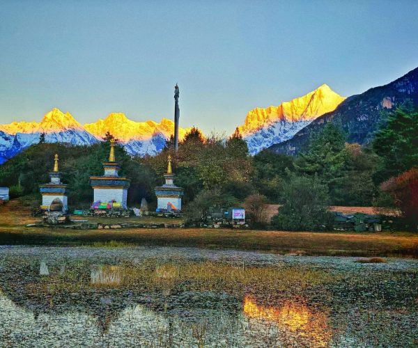 Jilong Creek,Shigatse,China tour Temple-style stupas by a lake with evergreen trees and a sunlit mountain range in the background at sunset.