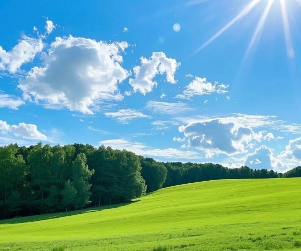 Hulunbuir Grassland,Hulunbuir,Chinatrip Bright blue sky with a sunburst over a rolling green meadow and a tree line in the distance.
