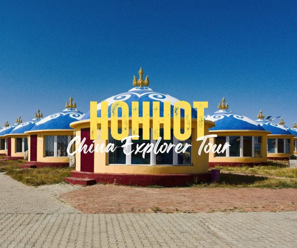Hohhhot,Inner Mongolia,China tour Tour poster featuring circular yellow buildings with blue domed roofs and bold yellow text, reading Hohhot - China Explorer Tour.