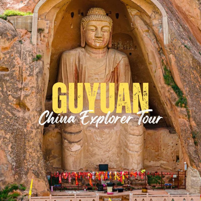 Guyuan,Ningxia,China tour Rock-cut Buddha statue inside a canyon, with yellow tour text overlay reading 'GUYUAN China Explorer Tour'