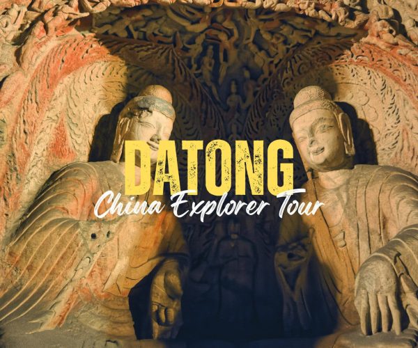Datong,Shanxi,Chinatravel Promotional banner for Dadong China Explorer Tour showing carved winged figures and bold yellow 'DADONG' text over a cave backdrop.