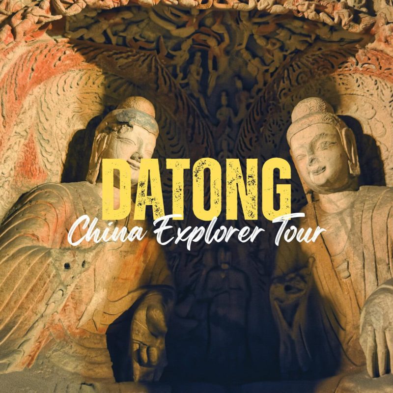 Datong,Shanxi,Chinatravel Promotional banner for Dadong China Explorer Tour showing carved winged figures and bold yellow 'DADONG' text over a cave backdrop.