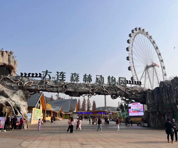 Dalian Forest Zoo,Dalian,Chinatravel Zoo entrance with a rocky archway and a large Ferris wheel in the background; visitors walk through the plaza.