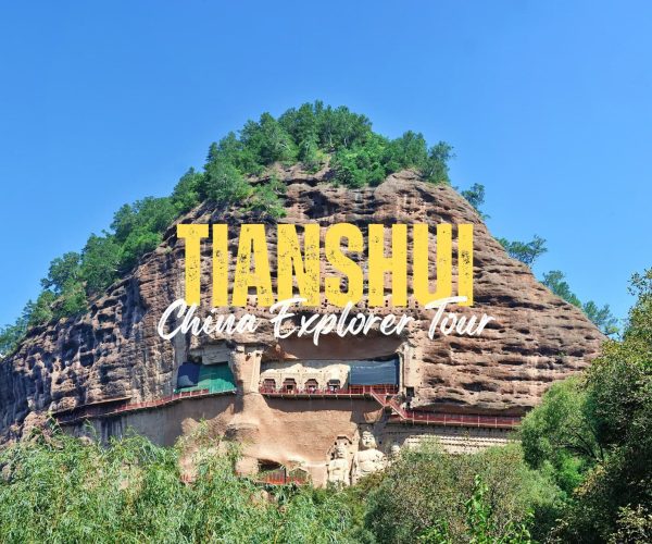 Tianshui,Gansu,China tour Tourism poster featuring a rocky hill with green trees and a carved cliffside site; bold yellow 'TIANSHI' and white 'China Explorer Tour' text overlay.