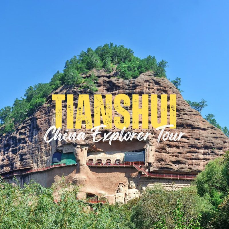 Tianshui,Gansu,China tour Tourism poster featuring a rocky hill with green trees and a carved cliffside site; bold yellow 'TIANSHI' and white 'China Explorer Tour' text overlay.