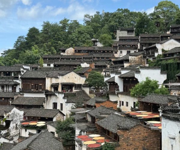 Wuyuan Ancient Villages,Shangrao,Chinatrip Hillside village with white-walled, dark-tiled houses and colorful rooftop drying circles against a blue sky and trees behind.