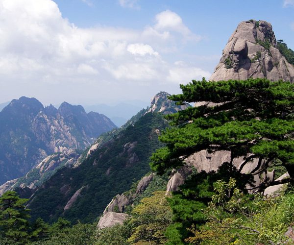 Anhui Weather,Anhui,China tour Mountain ridge with jagged peaks and a large rock formation on the right, foreground pine trees. (Informative landscape)