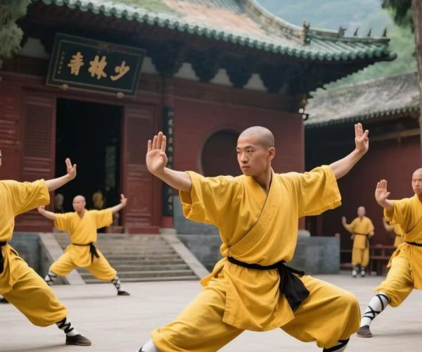 Shaolin Temple,Shaolin & Songshan Area,Chinatrip Shaolin monks in yellow robes practicing martial arts in a temple courtyard with a green tiled roof.