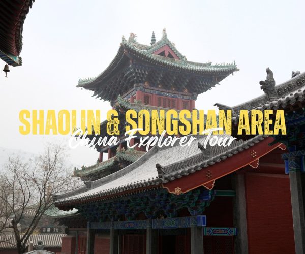 Shaolin&Songshan Area,Henan,Chinatravel Banner for a Shaolin & Songshan Area China Explorer Tour over ornate Chinese temple rooftops, with bold yellow text.