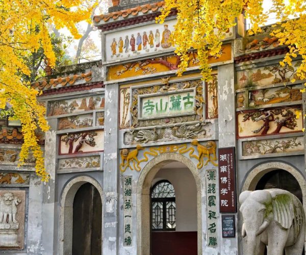 Lushan Temple,Changsha,Chinatravel Temple gate with colorful reliefs and Chinese inscriptions, framed by yellow autumn leaves and a stone elephant statue nearby.
