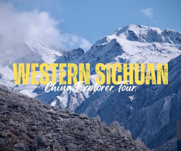 Western Sichuan,Sichuan,Chinatravel Promotional banner for Western Sichuan travel with snow-capped mountains and large yellow 'WESTERN SICHUAN' text in the foreground.