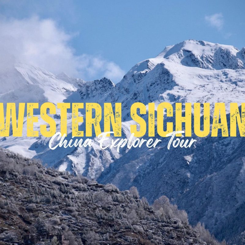 Western Sichuan,Sichuan,Chinatravel Promotional banner for Western Sichuan travel with snow-capped mountains and large yellow 'WESTERN SICHUAN' text in the foreground.
