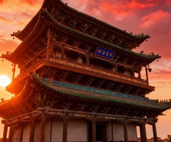 Pingyao,Shanxi,Chinatravel Three-tier Chinese pagoda at sunset with an orange sky and visitors at the entrance.