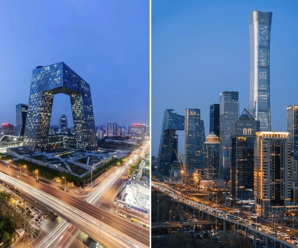 CCTV Headquarters, CITIC Tower, beijing, china, chinatrip, Split image of Beijing’s skyline: left panel shows the iconic CCTV Headquarters with illuminated lattice exterior; right panel features a tall modern skyscraper among other buildings, with light-trail traffic below.
