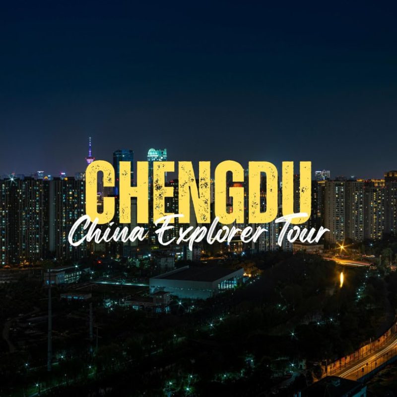Chengdu,Sichuan,Chinatravel Nighttime city skyline of Chengdu with bold yellow 'CHENGDU' and white script 'China Explorer Tour' across the center