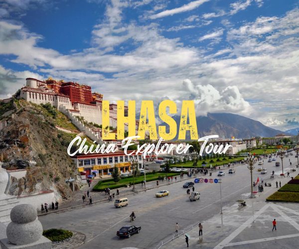 Lhasa,Tibet,China tour Promotional image for a Lhasa tour showing Potala Palace atop a hill and a busy city square with a large LHASA text banner overlay.