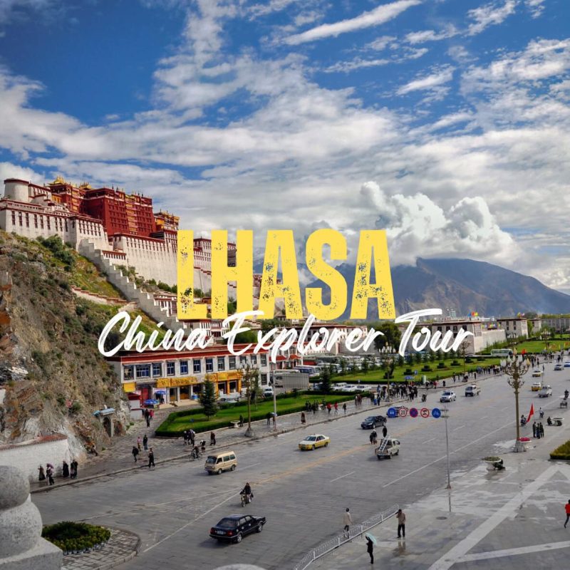 Lhasa,Tibet,China tour Promotional image for a Lhasa tour showing Potala Palace atop a hill and a busy city square with a large LHASA text banner overlay.