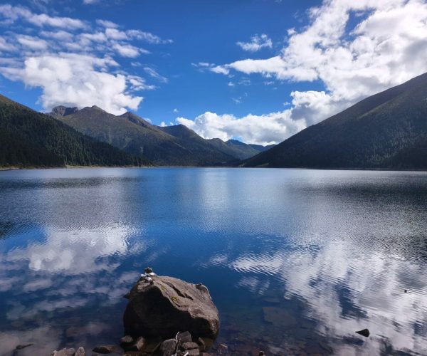 Cuomujiri Lake,Nyingchi,China tour Calm alpine lake reflecting blue sky and white clouds, flanked by forested mountains on all sides with rocks in the foreground.