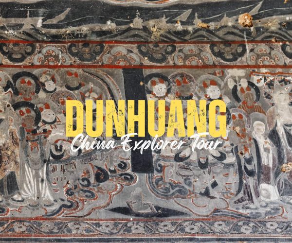 Dunhuang,Gansu,China tour Promotional banner for Dunhuang China Explorer Tour over an ancient cave mural backdrop.