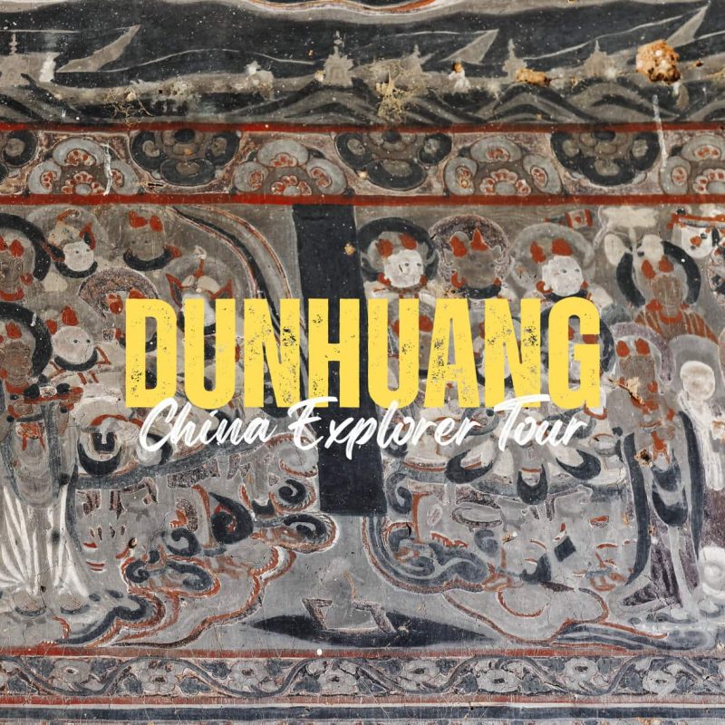 Dunhuang,Gansu,China tour Promotional banner for Dunhuang China Explorer Tour over an ancient cave mural backdrop.