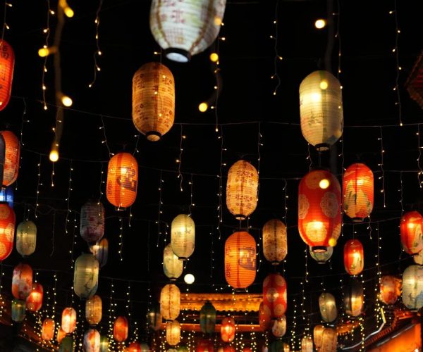 Yangjiabu Folk Culture Village,Weifang,China tour Night festival street illuminated by colorful hanging lanterns and string lights, with crowds below.