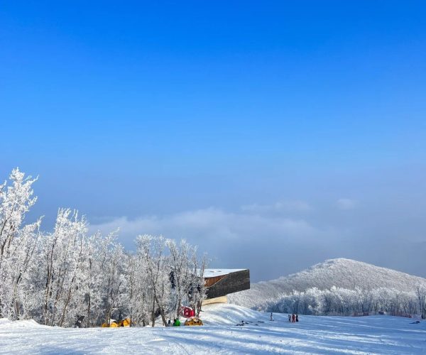 Vanke Lake Songhua Resort,Jilin,Chinatrip Snowy ski area with frosted trees, a modern building on the left, and a clear blue sky above.