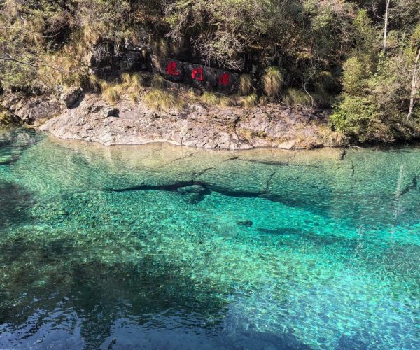 Guniujiang,Chizhou,China tour Turquoise clear water along a rocky shoreline with green shrubs and red Chinese characters on the rock face.