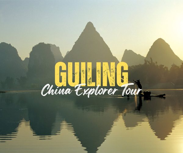 Guilin,Guangxi,Chinatravel Promotional travel image for a Guilin China Explorer Tour with bold 'GUILING' and cursive 'China Explorer Tour' over a misty mountain lake at sunset.