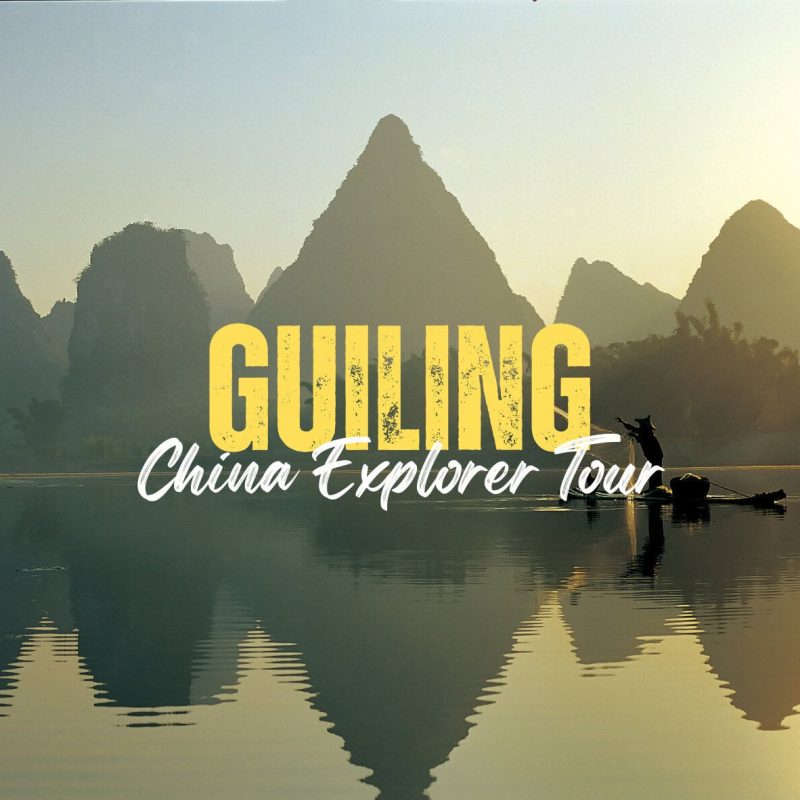 Guilin,Guangxi,Chinatravel Promotional travel image for a Guilin China Explorer Tour with bold 'GUILING' and cursive 'China Explorer Tour' over a misty mountain lake at sunset.